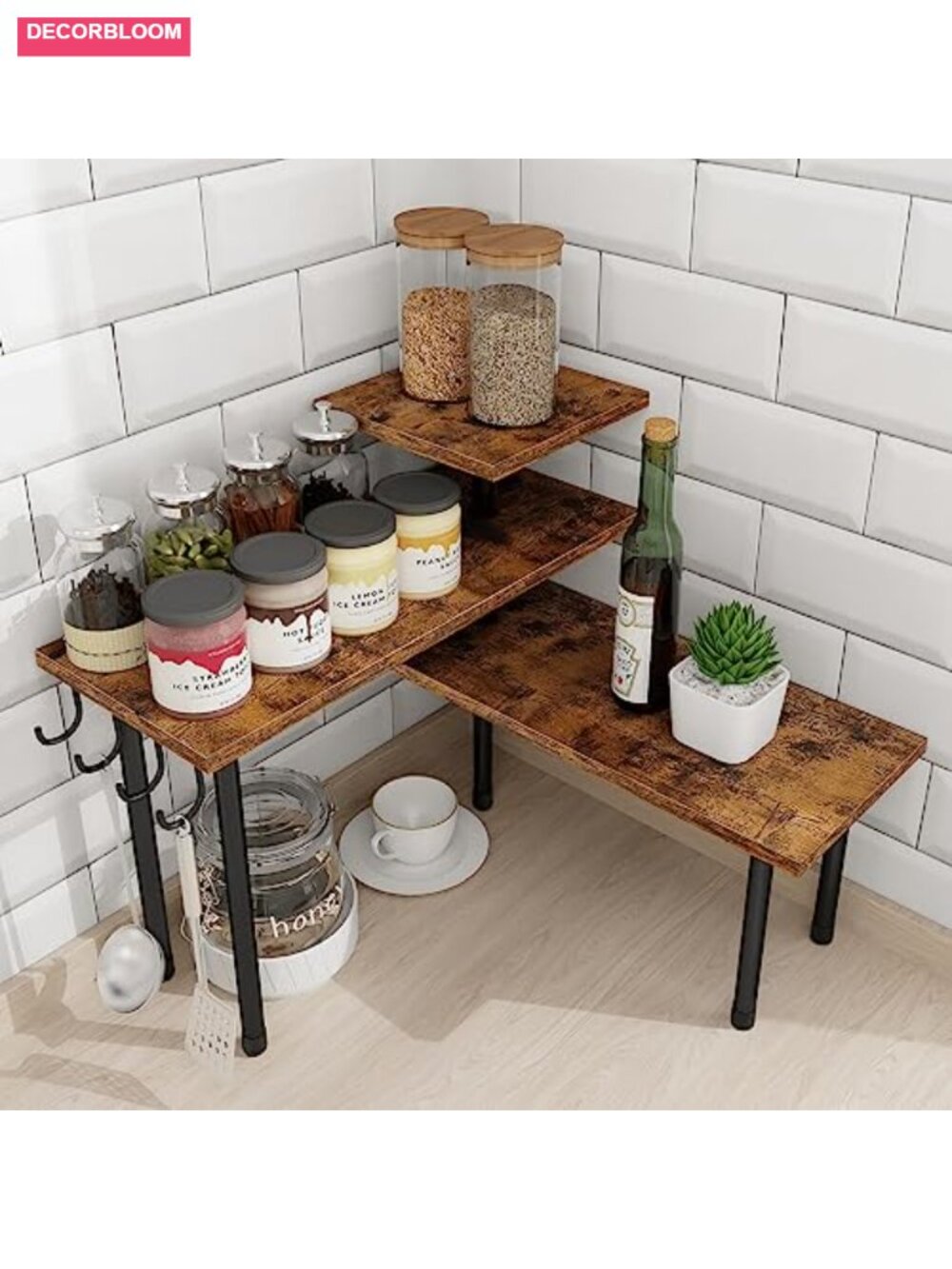 3 Tier Kitchen Countertop Organizer Corner Shelf Spice Rack w/ Hooks